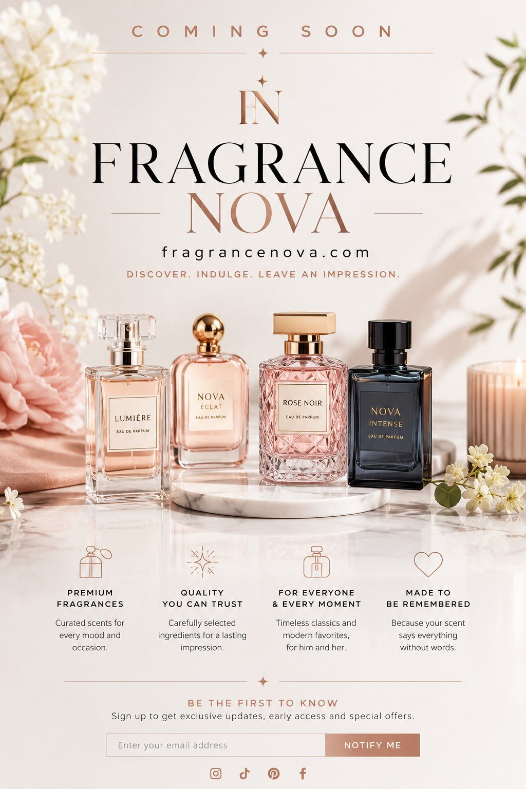 FragranceNova.com coming soon landing page with perfume bottles, soft floral accents, benefits, and email signup mockup